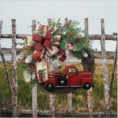 35cm-nouvelle Couronne De Nol Camion Rougecouronne De Nol Camion Rouge De La Fermedcoration De Nolcouronnes D'hiver (1/5)