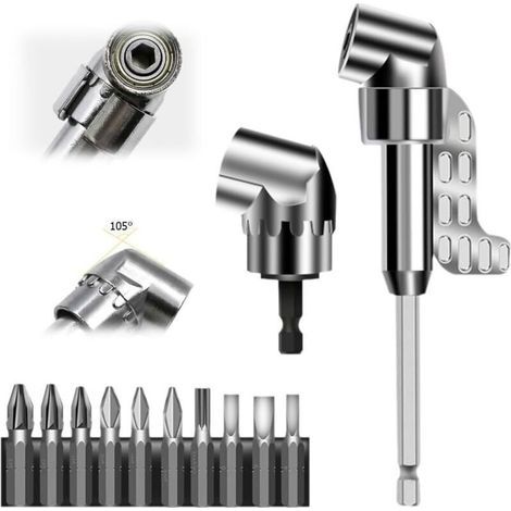 Renvoi d'Angle Visseuse Kit, 2025 Nouveau modèle Tête de tournevis incurvée multifonction, Embout Visseuse Axe hexagonal de 1/4 pouce Pour garages, travailleurs de la constructionf (Longue + Courte) (1/4)