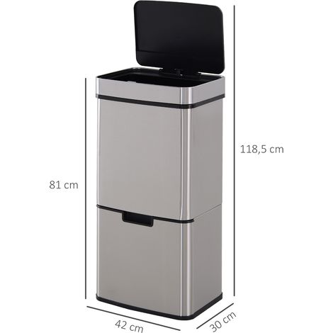 Poubelle HOMCOM à capteur de mouvement 47 L + 2 bacs de 12,5 L, système de tri des déchets en acier inoxydable étanche pour la cuisine, couleur argent. (1/5)