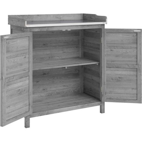 Mobile da giardino con tavolo da rinvaso, casetta portautensili in legno con piano di lavoro zincato, 2 ripiani, grigio, in loco (1/5)