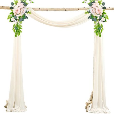 Voile en mousseline, rideau mural de mariage, avec rubans, tissu en mousseline drapé pour décoration de cérémonie, fond de scène, rideau de fête en tulle - blanc cassé - 75 x 300 cm (1/5)