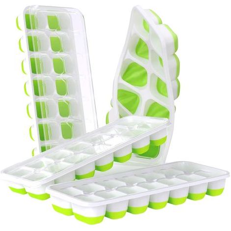 Eiswürfelform mit Deckel, 4er-Pack – Silikon-Eiswürfelform, 56 Eiswürfel, LFGB-zertifiziert und BPA-frei, Schnellverschluss, stapelbar, wiederverwendbar, für Babynahrung, Saft, Suppe, Whisky, Grünen T