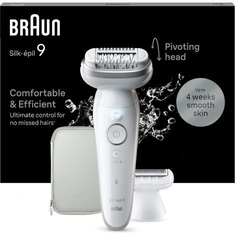 Braun Silk-épil 9, Épilateur Avec Tête Pivotante Pour Épilation Facile, Étanche, Peau Douce Longue Durée, Avec Tête De Rasoir Pour Femmes Et Sabot Tondeuse, 9-041, Blanc/Argent (1/5)