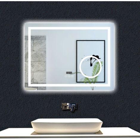 Ducha Casa Espejo de baño con led , rectangular,80 x 60 cm, luz con 3 colores, función bluetooth ,reloj electrónico,lupa 3x, antivaho, brillo ajustable, función de memoria agapada.