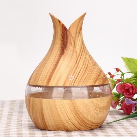 300ml Diffuseur d'arôme huile essentielle humidificateur d'air 7 couleurs LED veilleuse léger grain en bois
