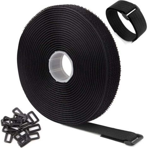 Boucles fixes pour serre-câbles, serre-câbles réglables et réutilisables avec 25 boucles, pour la gestion des câbles (5 m x 2 cm, noir). (1/4)