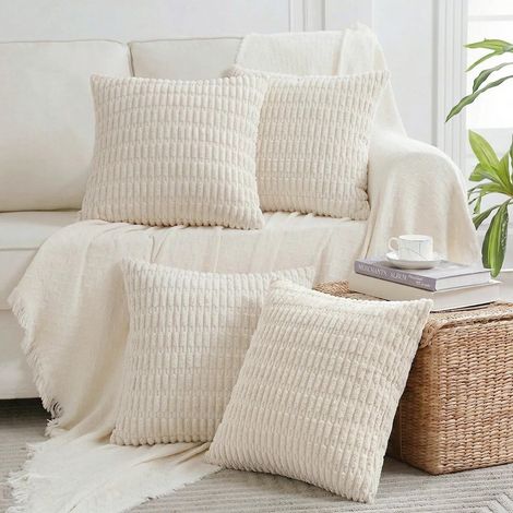 Lot de 4 Housses de Coussin décoratives carrées de Style bohème et Rustique en Velours côtelé et Velours côtelé Doux pour Salon, canapé-lit, Sofa, décoration d'intérieur, 45 x 45 cm, crème (1/5)