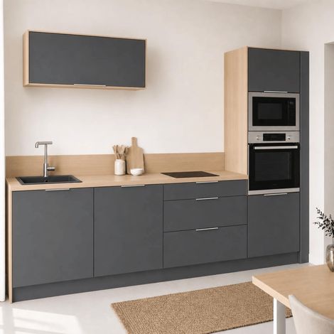 Pack cuisine linéaire – meubles bas et haut + Plan de travail + Crédence + Accessoires - Gris anthracite & Bois (1/5)