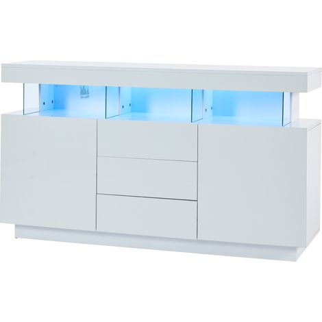 Aparador moderno blanco brillo 140 x 35 x 80 cm con LED RGB 16 colores y 3 cajones (1/5)