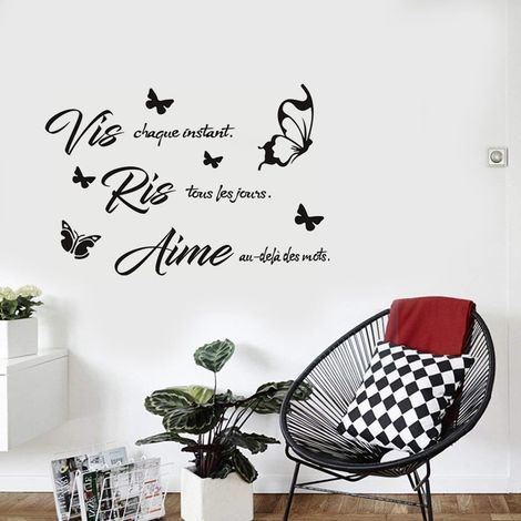 Inspirierendes französisches Wandtattoo – „Lebe, lache, liebe“ mit eleganten Schmetterlingen – Tägliche Motivation für Schlafzimmer, Wohnzimmer, Arbeitszimmer und positive Räume (30 x 58 cm)
