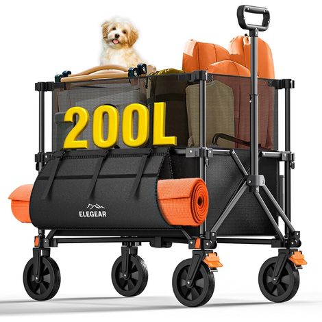 200L Chariot de Plage Pliable avec Hauteur Rétractable, Chariot à roulettes avec Freins et Poignée Réglable, XXL Chariotte Pliable pour Camping, Peche, Jardin, Picnic (1/5)