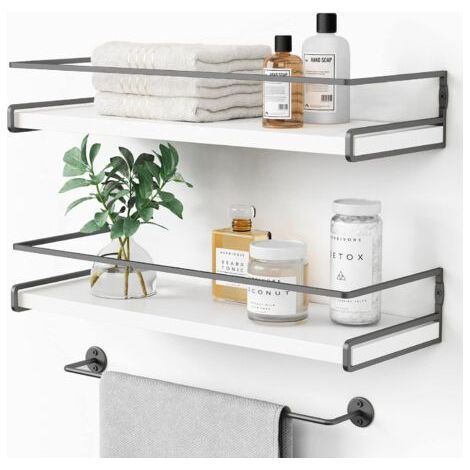 Étagères flottantes blanches avec porte-serviettes, décoration de chambre et rangement de cuisine, étagère murale d'angle (blanc-gris foncé, lot de 2) (1/5)
