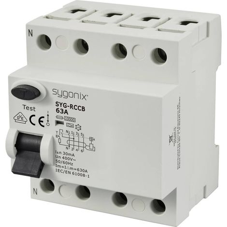 Sygonix SY-6438020 SYG-RCCB 3P+N/A63/10kA/30mA Interruttore differenziale di sicurezza A 4 poli 63 A 0.03 A 400 V/AC