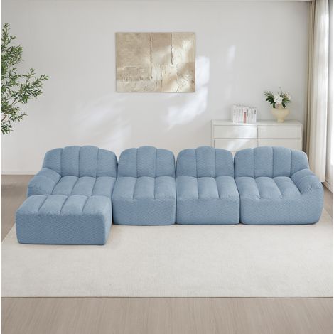 Modulares 4-Sitzer-Sofa mit 1 Ottoman, Muschelform, blaues HAVRYA-Gewebe (1/5)