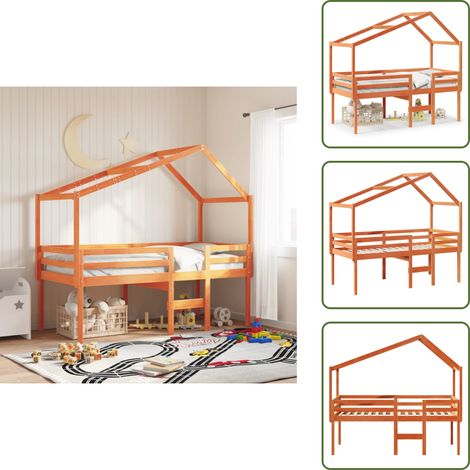 The Living Store Hochbett mit Dach Wachsbraun 90x200 cm Massivholz Kiefer - Kinderbett - Hochbett - Holzbett - Kiefernholzbett - Jugendzimmer