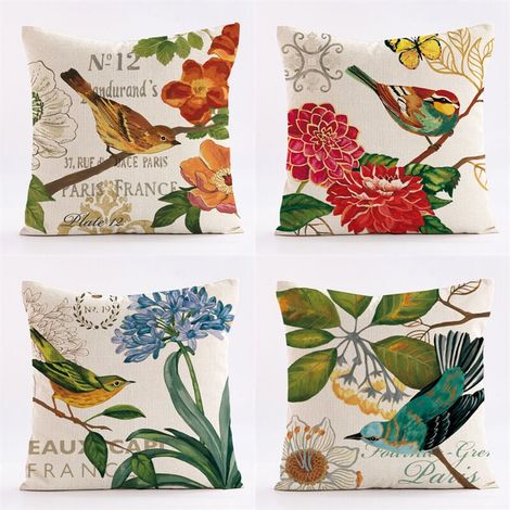 Set mit 4 Kissenbezügen mit Blumen- und Vogelmotiven, 45 x 45 cm, für Sofa, Auto, Zuhause, Dekoration (4 verschiedene Designs) (1/4)