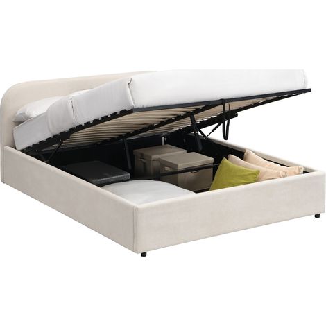 Lit coffre adulte 140x190 cm avec tête de lit en tissu chenille beige - Cassis (1/5)