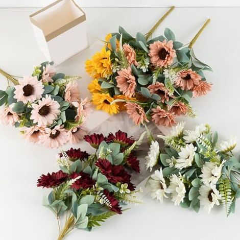 Lot de 2 bouquets tournesols artificiels à 9 têtes fleurs réalistes en soie longues tiges pour décoration maison, mariage, fête jardin - (1/5)