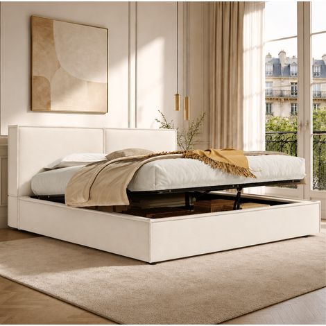 Lit coffre adulte 180x200 cm hydraulique , sommier à lattes, tête de lit en lin beige (1/5)