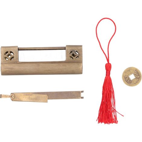 Antikes chinesisches Kupfervorhängeschloss mit Schlüssel, ideal für Schmuckkästchen oder Schrank.