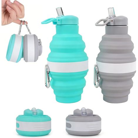 Bouteille d'Eau Pliable 2 Pièces, 475 ml Gourde Pliable Silicone, Tasse Pliable en Silicone avec de la Paille, Tasse à Café Pliable en Silicones avec Mousqueton, pour Voyage, Sport (Bleu+Gris) (1/5)
