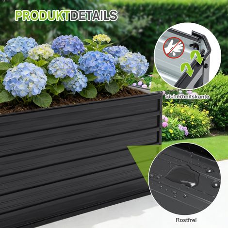 Grand bac à fleurs surélevé en métal, 219x112x64cm, avec fond ouvert, kit de jardinière robuste en acier, herbes aromatiques, Noir (1/5)