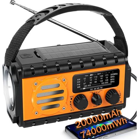 Filiyano – lampe torche – Radio d'urgence 20 000 MAH avec lampe torche, radio à manivelle solaire, radio météo AM/FM, SOS, chargeur portable, orange (1/5)