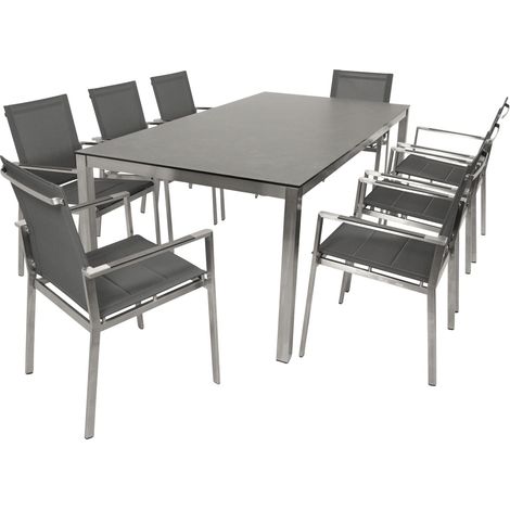 SYDNEY: Garnitur 9-teilig (8x Stapelsessel mit Armlehnen, 1x Gartentisch 100x200cm rechteckig), Gestell Edelstahl poliert,  Bezug Kunstgewebe grau mit Polsterung, Tischplatte Glas in Keramikoptik grau