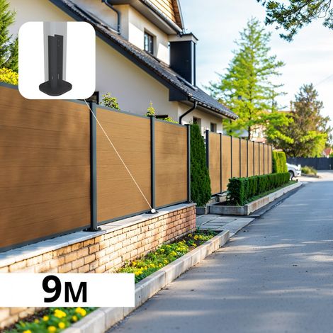 Kit Clôture Composite sur Muret CRUZ Cèdre 9,17x1,2m - Bois composite & Aluminium - Poteaux sur Platines Gris Anthracite - Brise vue