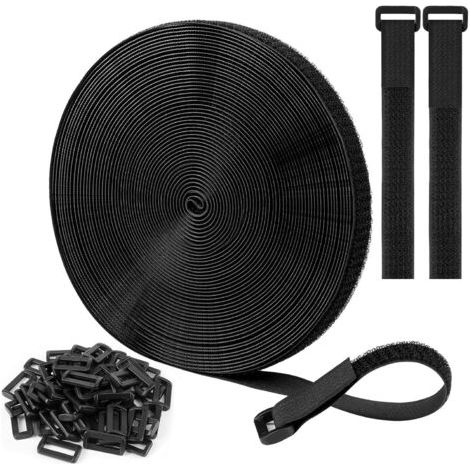 Sangles/Attaches de Câble Réutilisables Réglables Noires de 10m x 2cm Avec 50 Boucles et Sangle de Fixation à Crochet Pour la Gestion des Câbles (Noir) (1/5)
