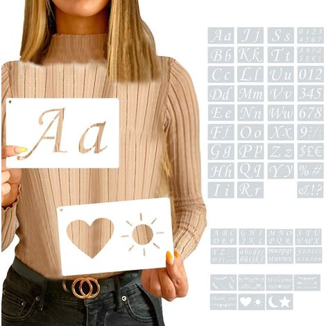 50 stencil di lettere e numeri, stencil riutilizzabili in plastica con lettere e numeri dell'alfabeto, stencil numerici in plastica per dipingere l'alfabeto dei bambini e imparare il fai da te (1/5)