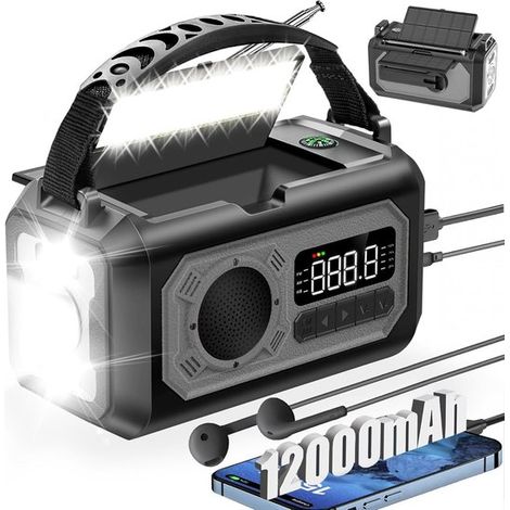 Radio di emergenza, radio di emergenza portatile con batteria da 12000 mAh, 2 celle solari, funzionamento solare/manuale, radio AM/FM, caricabatterie per cellulare, torcia a LED, allarme SOS, f (1/4)