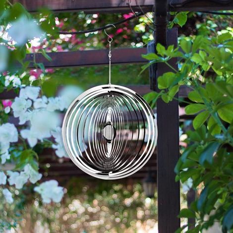 Mulino a vento 3D rotondo in acciaio inox – Girandola argentata con effetto specchio – Decorazione da giardino in metallo – Per interni ed esterni – Ideale come regalo (1/5)