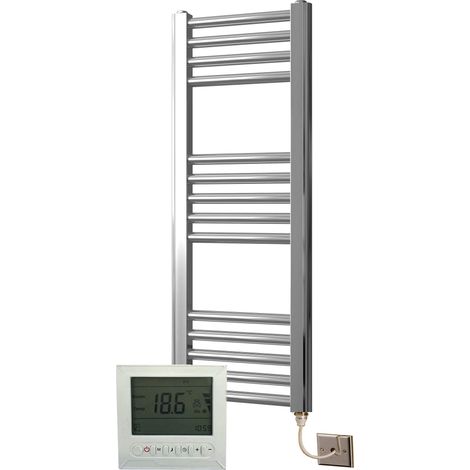 York Flat Chrome Electric Towel Rail 300 x 800mm Towel Radiator + TIMER / ROOM THERMOSTAT