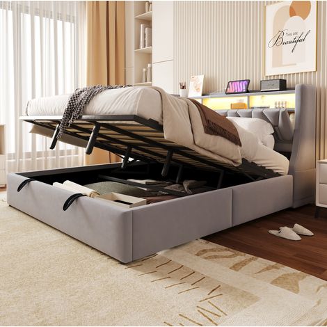 letto contenitore 180x200 LED USB velluto grigio chiaro HAVRYA (1/5)