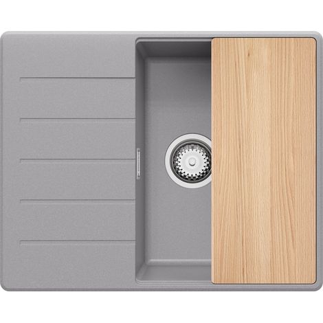 PRIMAGRAN Evier Cuisine en Granit 62x50cm, Lavabo 1 bac + Kit de Vidage + Planche à Découper, Évier à Encastrer au meuble 45cm - Copenhague, Gris