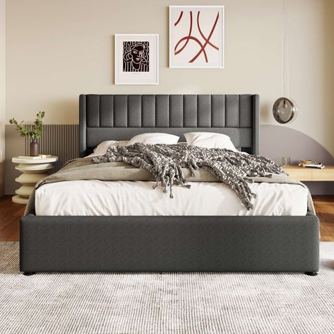 Lit coffre 160x200 cm gris en lin, tête de lit rembourrée à rayures verticales, rangement hydraulique, sommier à lattes en bois inclus, sans matelas (1/5)