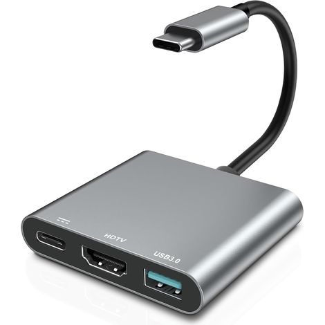Adaptateur USB C HDMI 4K, hub multiport USB-C 3 en 1 avec port de charge PD 100 W, HDMI 4K @ 30 Hz, transfert de données USB 3.0 pour MacBook, iPad, iPhone 15, Surface, Samsung S24 et plus encore