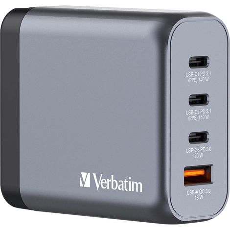 VERBATIM USB-Ladegerät 32203, 140W, 1x USB-A QC, 3x USB-C PD, grau (1/5)
