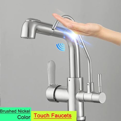 (9145-touch-brushed-G1/2) Nouveau robinet de cuisine tactile avec filtre, mitigeur thermostatique eau chaude/froide à douchette extractible et capteur d'eau pure. (1/5)