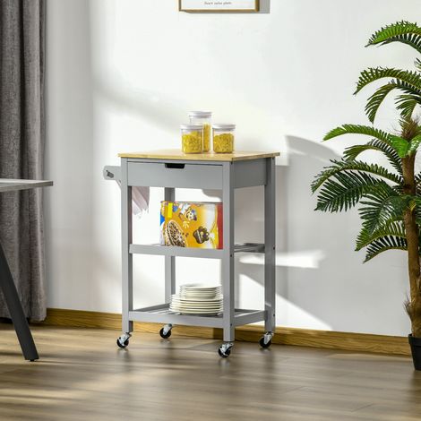Chariot de cuisine à roulettes avec plan de travail en hévéa - 2 étagères, 1 tiroir et 1 porte-serviettes (1/5)
