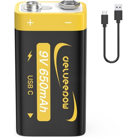 Piles 9V Rechargeable 650mAh, Pile 9V Lithium Rechargeable USB C 1PCS pour Détecteur de Fumée (1/5)