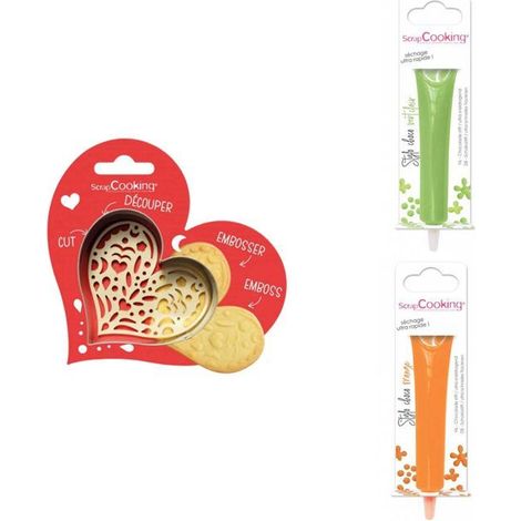 Kit pour biscuit en relief Coeur + 2 Stylos au chocolat vert clair et orange (1/3)