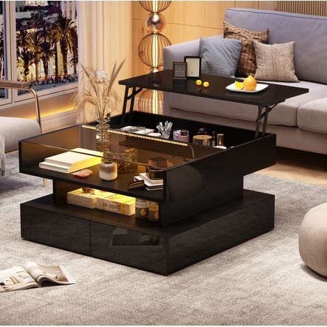 Tavolino da salotto elevabile 80x80x45 cm nero in pannelli di legno con contenitore (1/5)