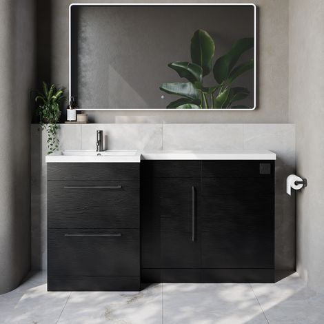 Napoli 390 Nero Oak 1500mm 2 Drawer Vanity Unit Toilet Suite with Left Hand Square Lucia Basin - 1500mm - Gunmetal Grey 320mm HandleWithout Kingston Toilet Pan