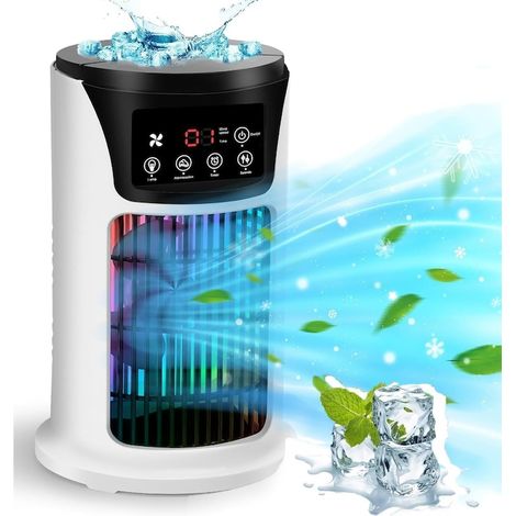 Ventilateur de table, mini-ventilateur portable 5-en-1, refroidisseur d'air portable, brumisation fine, 6 vitesses, éclairage LED 6 couleurs, réservoir d'eau de 300 ml, moteur à turbine, bac à glaçons