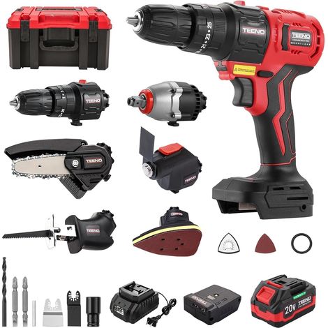 Kit Combiné Sans Fil 20V, Outil Multi-Fonctionnel Sans fil 6 en 1 Avec étui, Perceuse, Scie Sabre, Scie à Chaîne, Clef à Chocs, Outil Oscillant, Ponceuse Avec Accessoires (1/5)