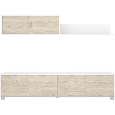 Ensemble de salon avec meuble TV + étagère en bois mélaminé coloris chêne naturel, blanc - Longueur 200 x Profondeur 40 x Hauteur 43/35 cm (1/3)