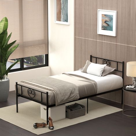 Cadre de lit simple en métal de 31 cm pour matelas 90 x 190 cm avec tête de lit en forme de cœur 95 x 196 x 100 cm Noir (1/5)