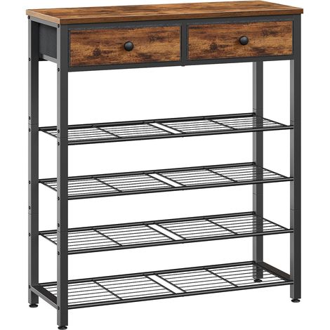 Étagère de Chaussures, Porte-Chaussures Étroit de 75 x 28 x 93 cm avec 2 Tiroirs et 4 Étagères Métalliques, Table d’Entrée, pour Entrée, Couloir, Balcon, Marron Rustique et Noir EBF178XJ01 (1/5)